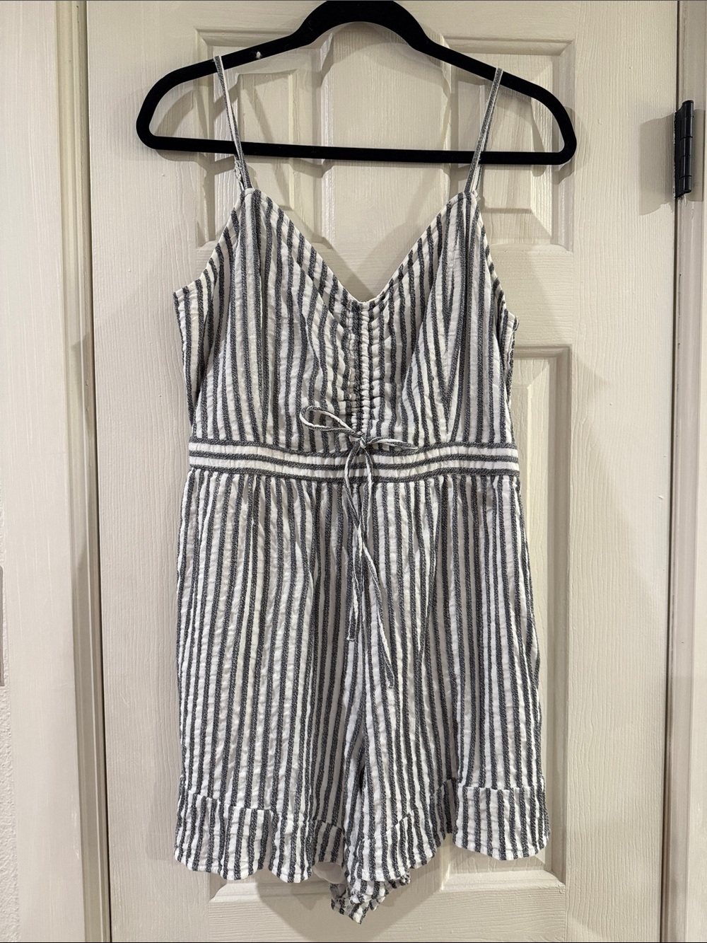 American Eagle Outfitters White and Charcoal Striped Knit Romper